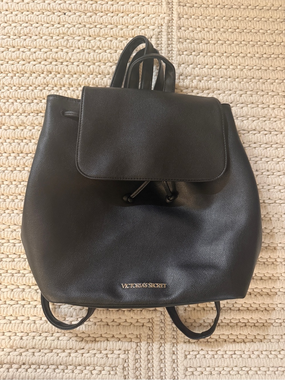 Victoria's Secret Black Leatherette Drawstring Flap Backpack